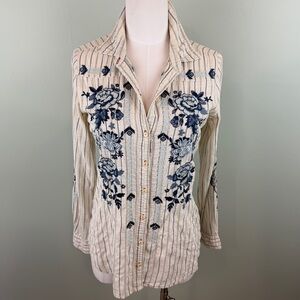 Johnny Was 3J Workshop Navy Floral Embroidered Cream Button-Front blouse Boho S